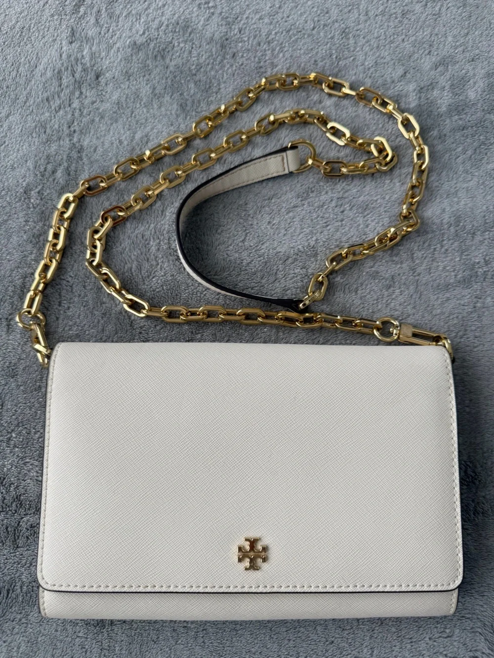 Tory Burch Robinson Saffiano Leather Chain Wallet Crossbody Cream Gold